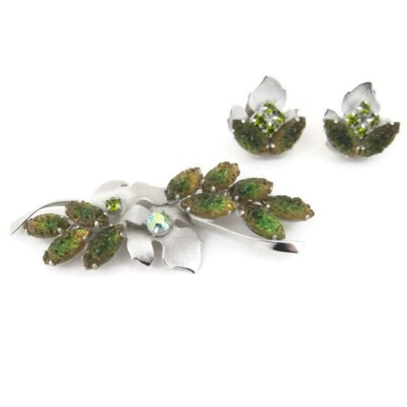 Vintage Brooch Earrings 50s 60s Rhinestone Art Glass Continental Green silver - Picture 2 of 6